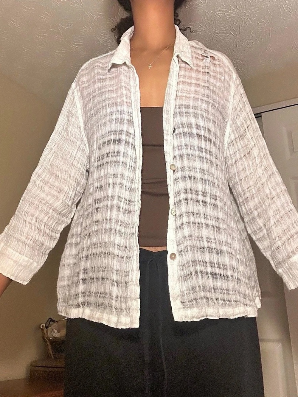 Chico's No Iron 100% Linen Plaid Shirt Gauze Button Down White Medium